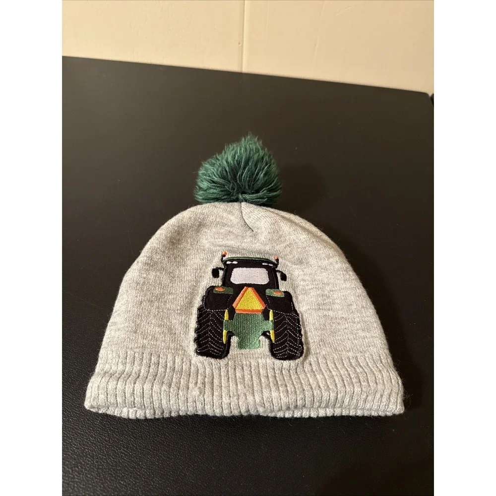 John Deer Baby Winter Hat Tractor Front And Back Green Poom Poom